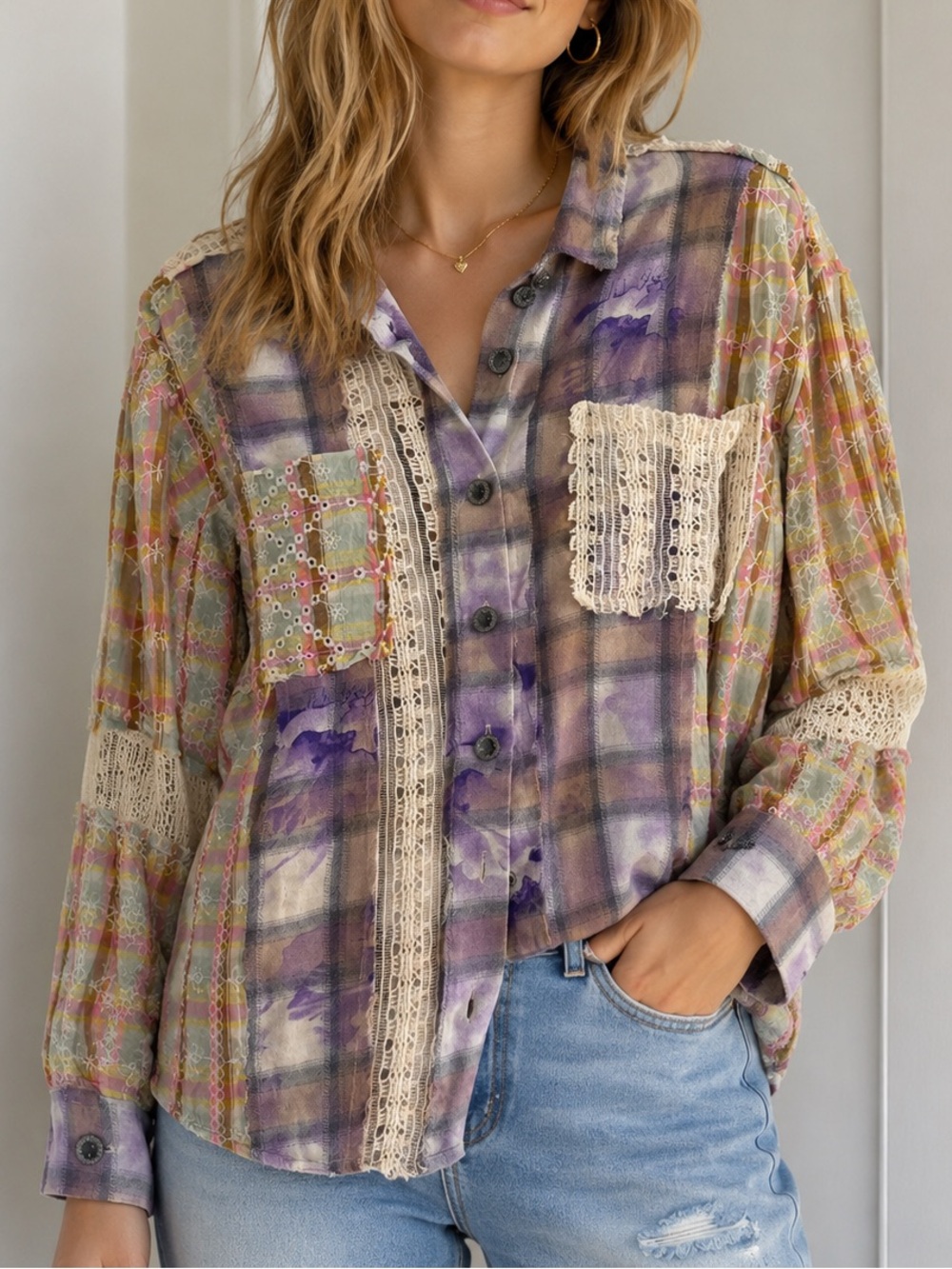 POL Oversized Patchwork Lace Flannel Top - Size small